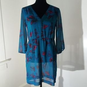 Kensie Teal Magenta Floral Print Dress Sheer